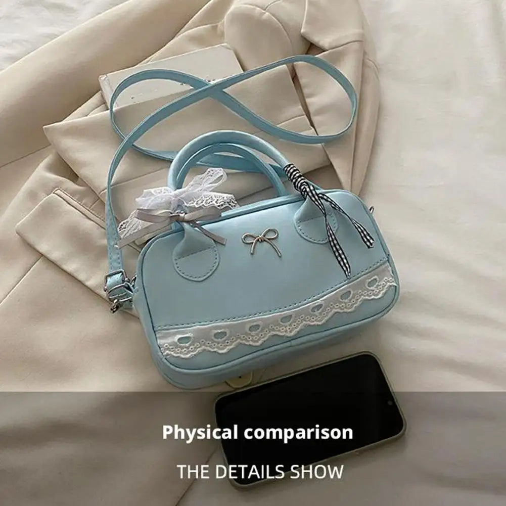 Simple Elegant Handbag Boston Shoulder bag Lace Ribbon Bow Decor Crossbody Bag Small Square Bag Casual Women Bags ﻿