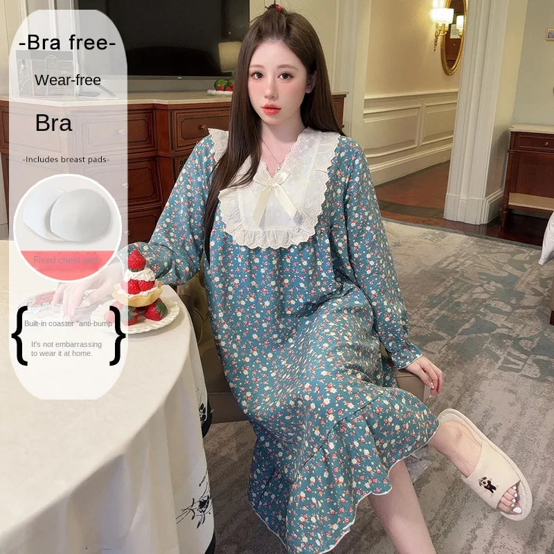 2026 Comfy Long Sleeve Home Dress, Women's Floral Print Loungewear for Spring Autumn, Oversize Sweet Korean Style
