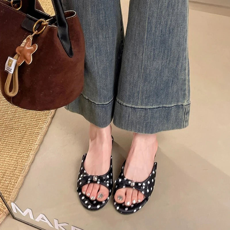 Cute Polka Dot Women Slippers Comfortable Soft Sole Slip On Flats Dress Shoes 2026 Summer Outdoor Beach Vacation Slides Shoes