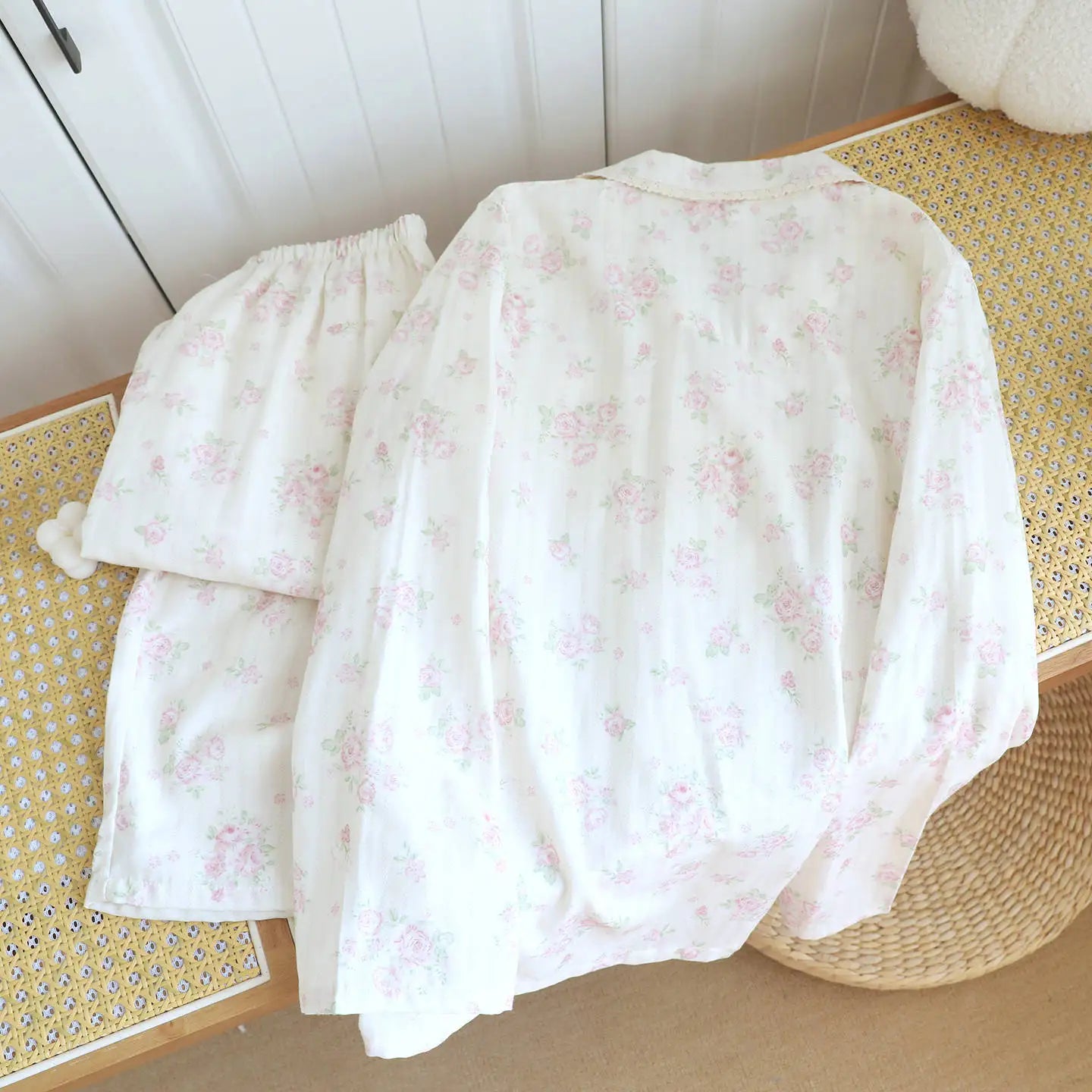 2026 New Spring/Summer Women's Pajama Set 100%Cotton Gauze Fresh Flower Collar Long Sleeve Two Piece Set Thin Loose Home Clothes
