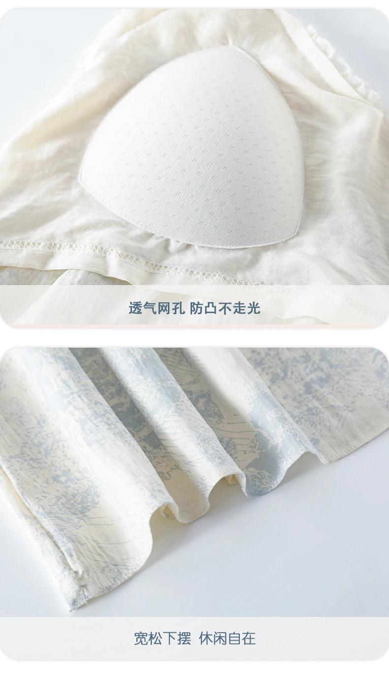 Summer Women Sleeveless Nightdress With Chest Pad Femme Knited Cotton Nightwear Floral Sling Sleepdress