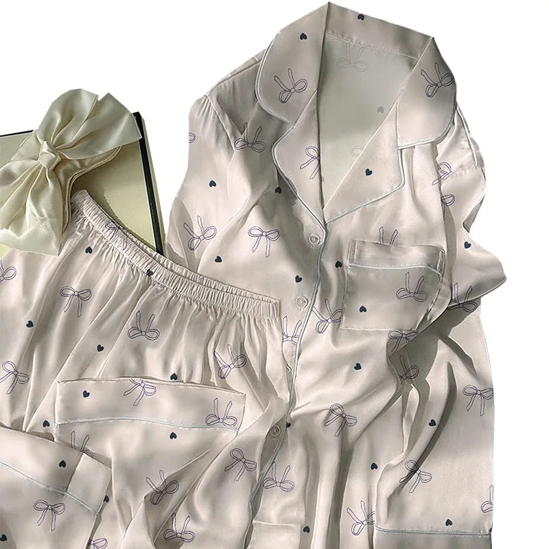 Women's Pajamas Set Fun Cute Print Sleepwear Button Lapel Neck Pajama 2 Piece Suit Pyjama Femme Nightwear Loungewear for Summer