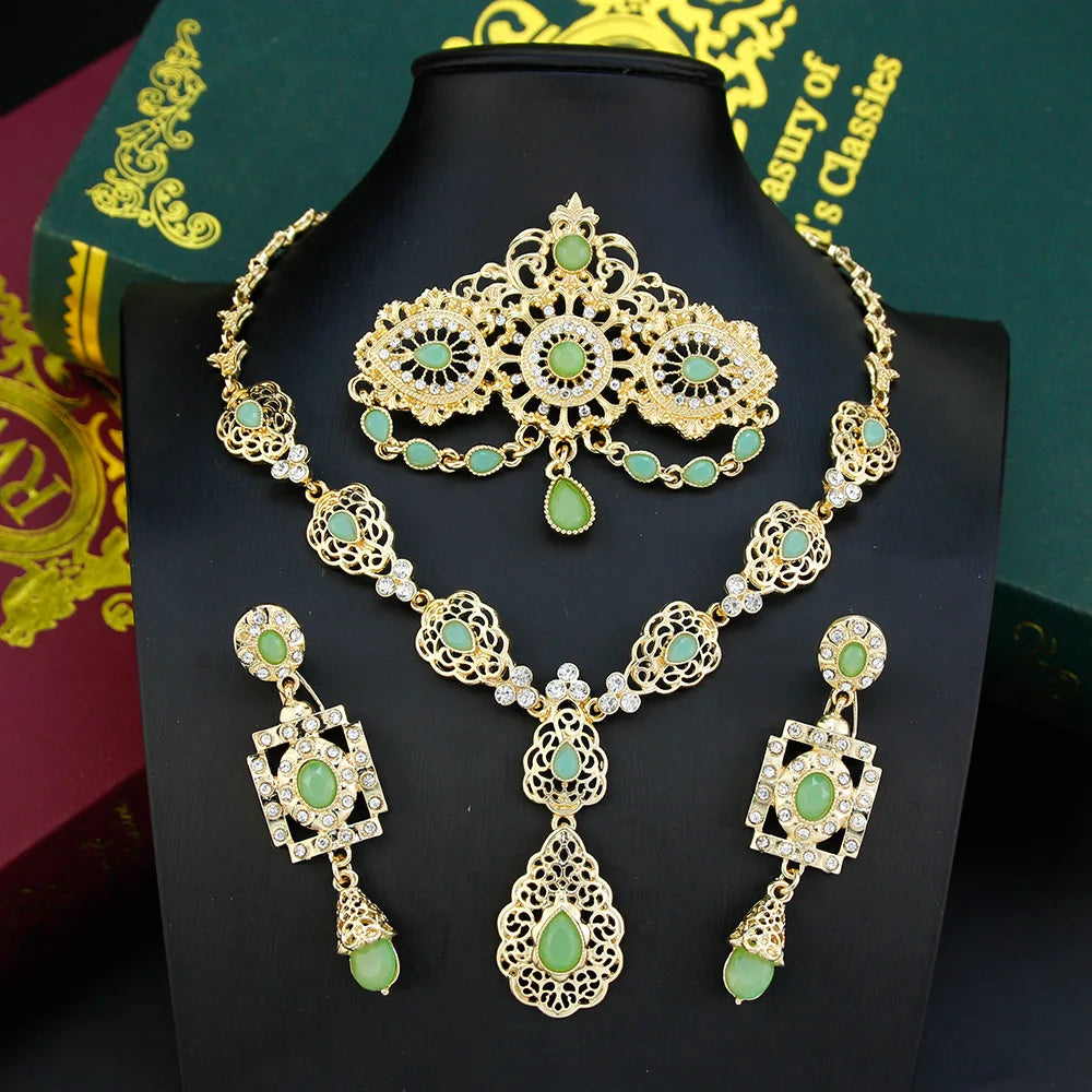 Sunspicems Elegent Morocco Bride Jewelry Sets Women Drop Earring Caftan Brooch Pins Choker Necklace Set Arabic Wedding Bijoux