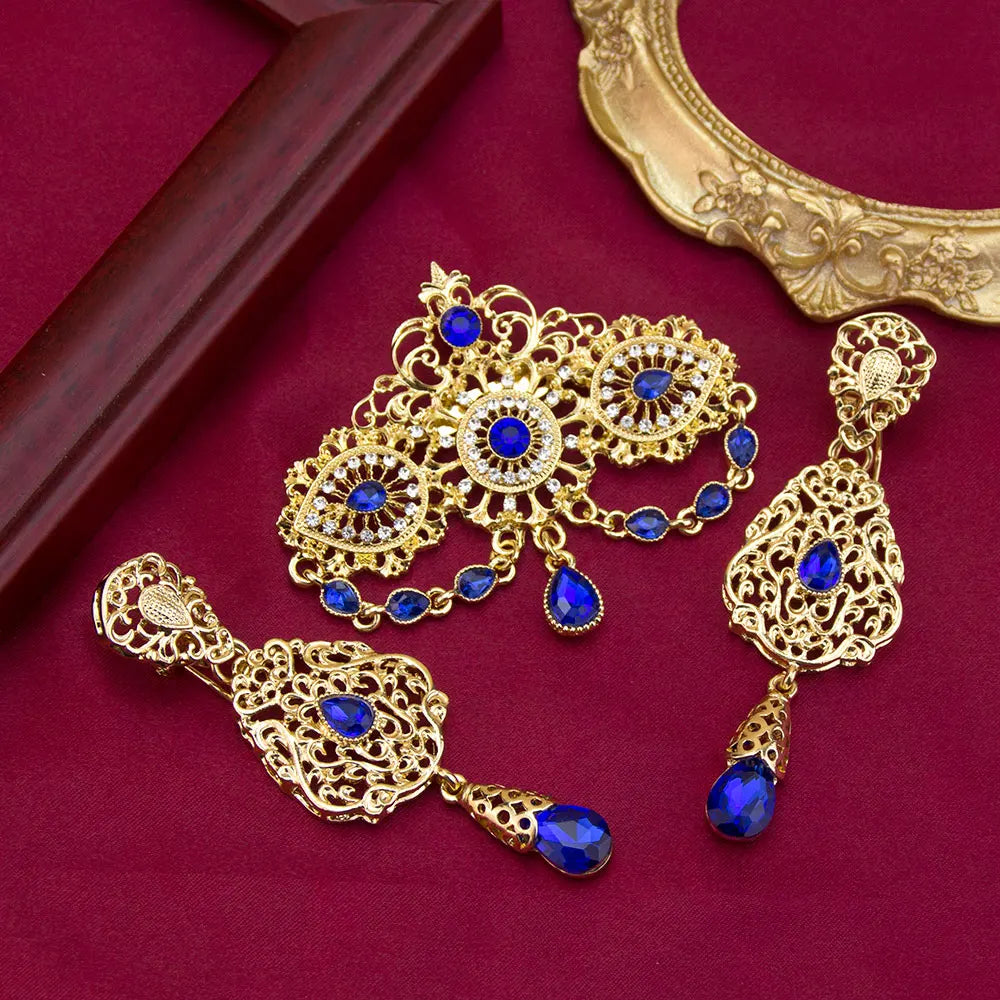 Sunspicems Gold Color Moroccan Jewelry Caftan Brooch Earring Sets For Women Chic Arabic Bridal Ethnic Wedding Bijoux Party Jewel