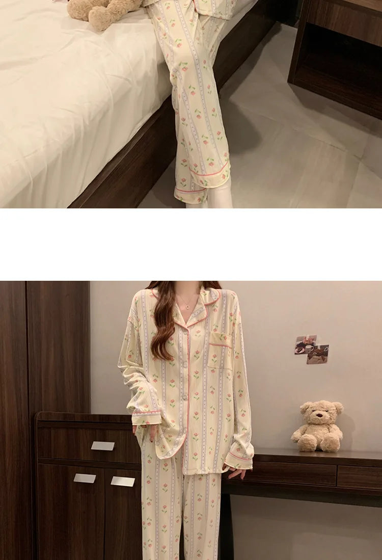 Spring and Autumn New Women's Fresh Flowers Long-Sleeved Pajamas Homewear Suit Leisure Pajamas Thin Section Homewear Pajamas Set