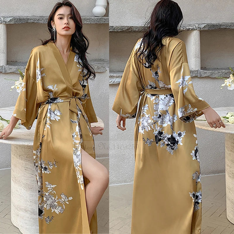 New Spring Summer Female Long Robe Nightgown Sexy Print Flower Kimono Bathrobe Gown Casual Silk Satin Home Dress Lounge Wear