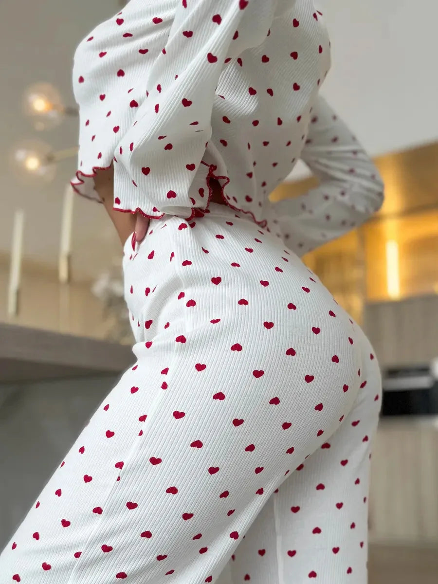 Autumn Winter Pajama Set Women 2pcs Y2K-Style Cherry Print Cuffed-Long-Sleeve Tops and Long Trousers Sleepwear Homewear