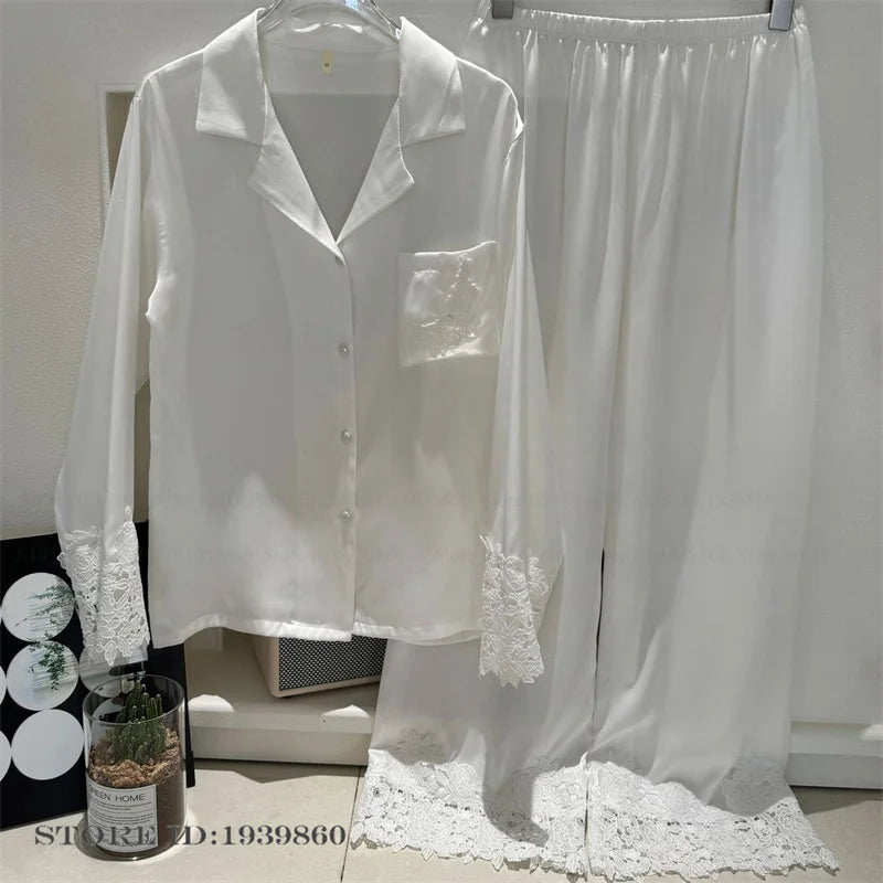 Female Pajamas Set White Satin Lace Trim Bride Wedding Sleepwear Gift Homewear Sexy Loose Long Sleeve Trouser Suit Loungewear