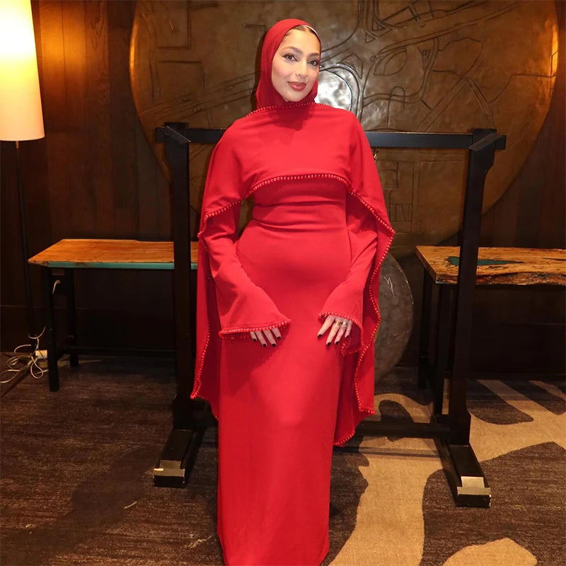 White Pearl Trim Cape Maxi Dress Women Elegant Long Sleeve Cinched Waist Muslim Robes 2026 Spring EID Abaya Lady Dresses