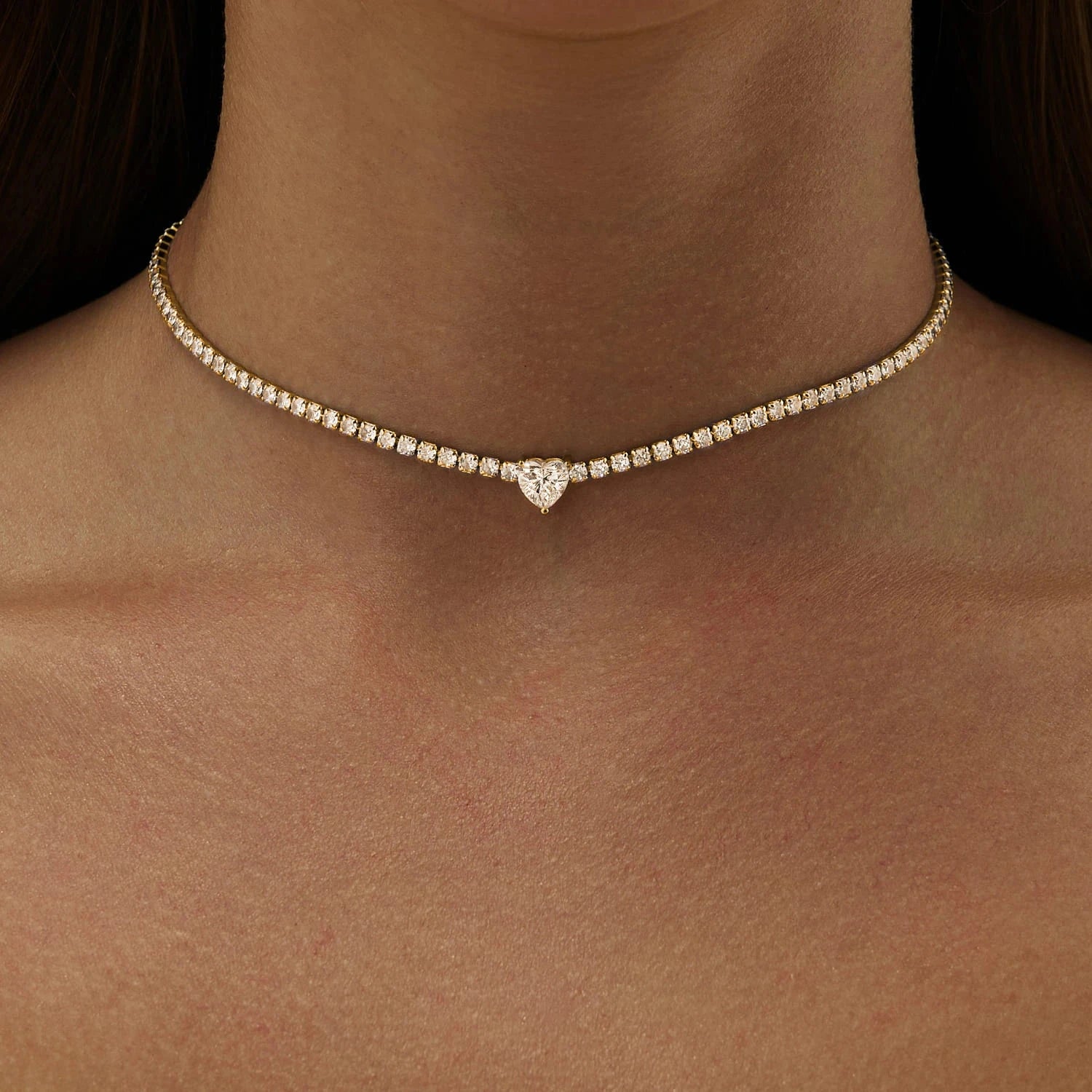 2mm Full Moissanite Diamond Tennis Necklace With Heart Cut Diamond Riviera Necklace S925 Silver Adjustable Choker for Women
