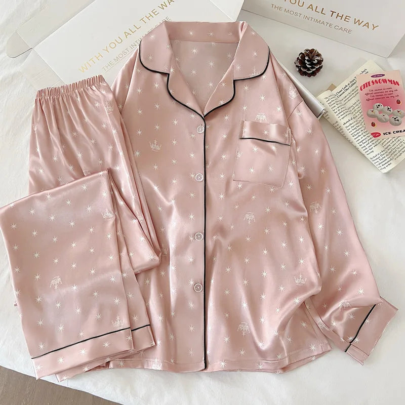 New Japanese-Style Sweet Girl Floral Print Ice Silk Pyjama Set Women's Spring/Autumn Long-Sleeved Top and Trousers Homewear Set