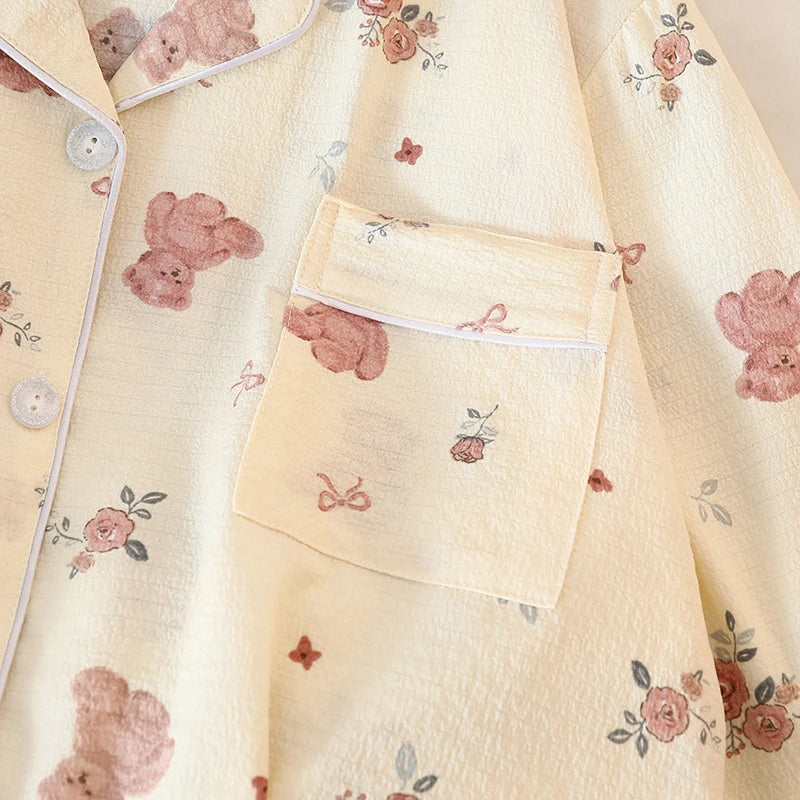 Women's Pajamas Set Y2K Cartoon Bear Flower Print Autumn Pajamas for Women Kawaii New Harajuku Style Casual Homewear Sleepwear