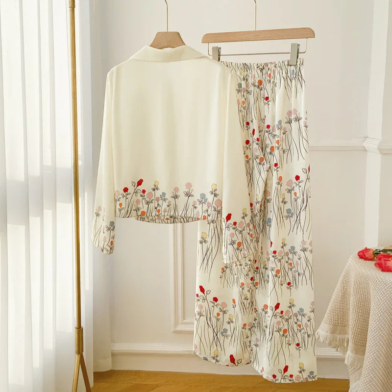 Female 2PCS Pajamas Set Spring Summer Print Flower Sleepwear Long Sleeve Trouser Suits Sweet Loose Satin Home Clothes Loungewear