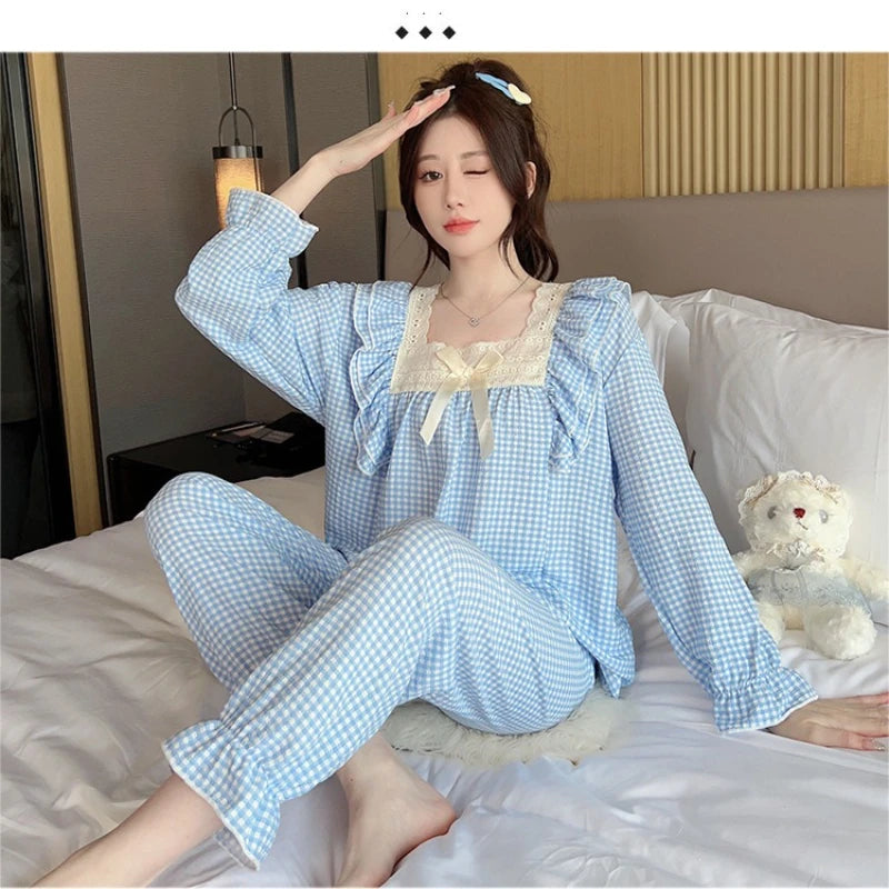 100kg Plus Size Cherry Print Pajama Women Korean Sweet Spring Long Sleeve Top Long Pants Plaid Homewear Princess Loose Outfits