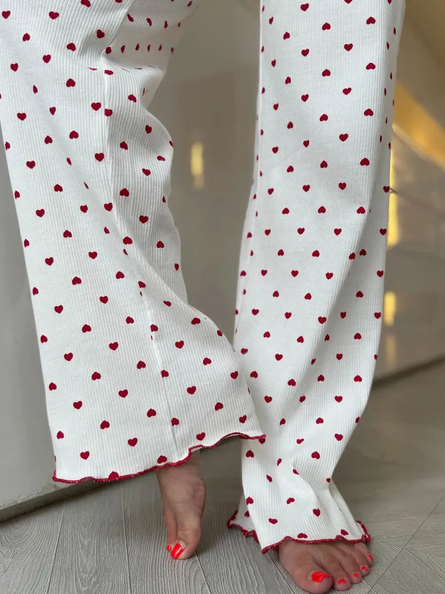Autumn Winter Pajama Set Women 2pcs Y2K-Style Cherry Print Cuffed-Long-Sleeve Tops and Long Trousers Sleepwear Homewear