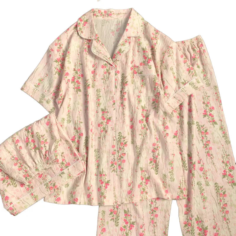 Spring/Summer Sweet & Cute Floral Cotton Pyjamas for Girls Three-Piece Homewear Set Student Casual Sleepwear Homewear Ensemble