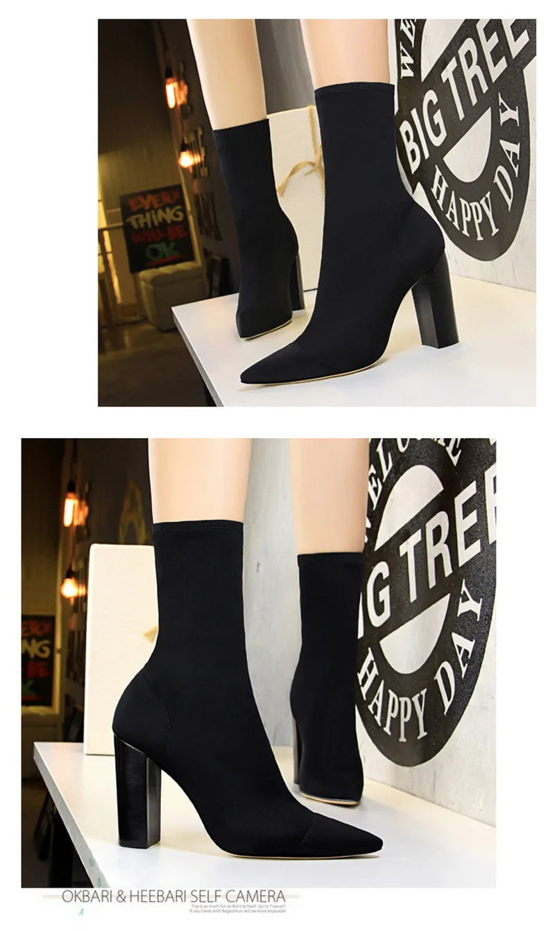 Mid-Calf Boots 2024 New Women Stretch Sock Boots Chunky Block Heels High Heels Silk Shoes Solid Color Short Boots Autumn 3129-3