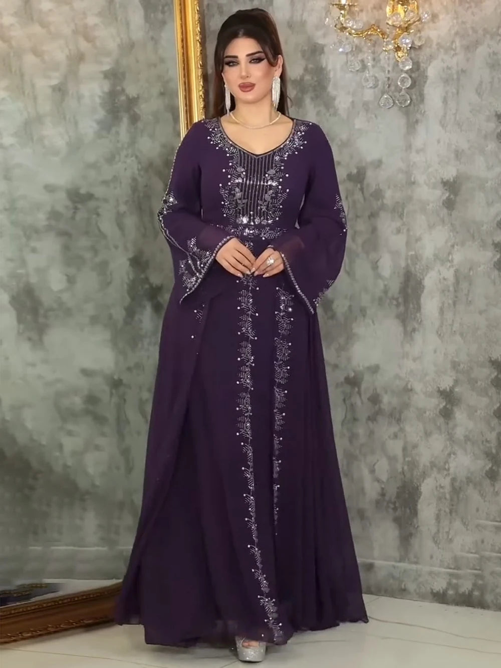 Ruffle Sleeve Chiffon Dresses Elegant Women Wedding Party Evening Gown African Dashiki Diamond Abaya Clothes Dubai Turkey Dress