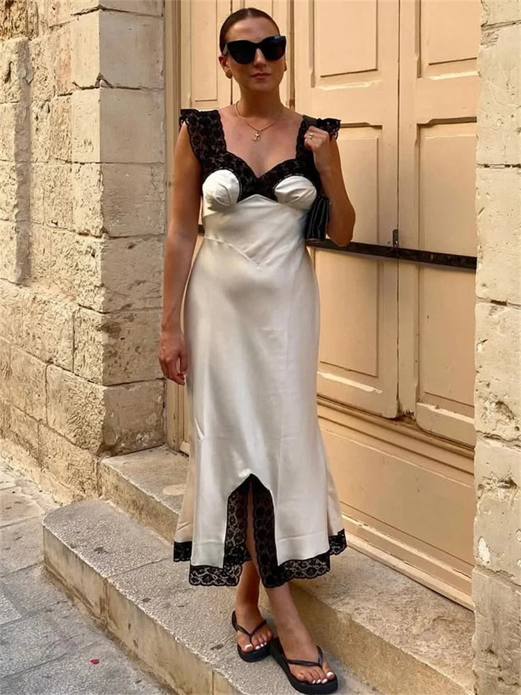 Tossy Fashion Satin Lace Long Dress Women V-Neck Patchwork Hollow Out Sleeveless Lace-Up Dress Evening Female Autumn Maxi Dress