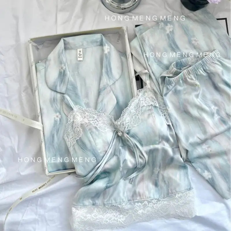 Princess Style Floral Print Pajamas Suit 4Pcs Cami Top Shorts Pants Ice Silk Loungewear Lady Sexy Lace Trim Home Clothes