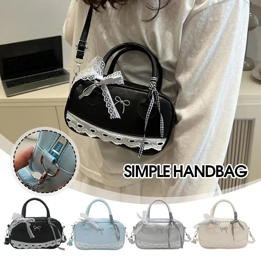 Simple Elegant Handbag Boston Shoulder bag Lace Ribbon Bow Decor Crossbody Bag Small Square Bag Casual Women Bags ﻿