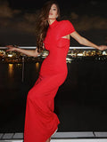 Mozision Turtleneck Short Sleeve Sexy Maxi Dress Women Elegant Draped Ruched Evening Club Party Long Dresses Female Clothes