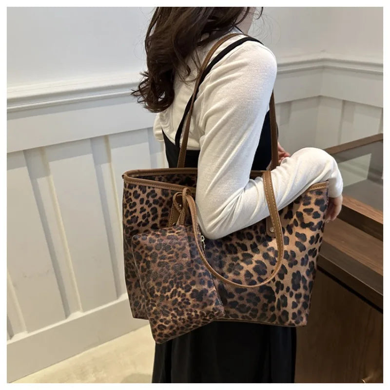 Women's Leopard Print Tote bag Pu Leather Underarm Bags Simple Casual Travel Shopping Bag Large Capacity Mother and Child Packag
