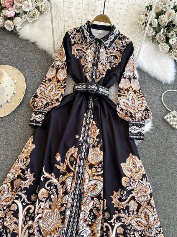 Elegant Vintage Court Style Long Sleeve Collared Slim Fit Print Shirt Dress Knitted Fabric Midi Skirt Length Button Detail