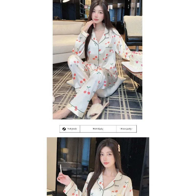 Sweet Cherry Print Satin Long Sleeve Pajama Set Soft Comfortable Loungewear for Women