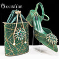 QueenaYan African Ladies Elegant Pointed Toe Shoes with shiny Metal Stand Bag Women Party Shoes or Commuting Shoes and Bag Set