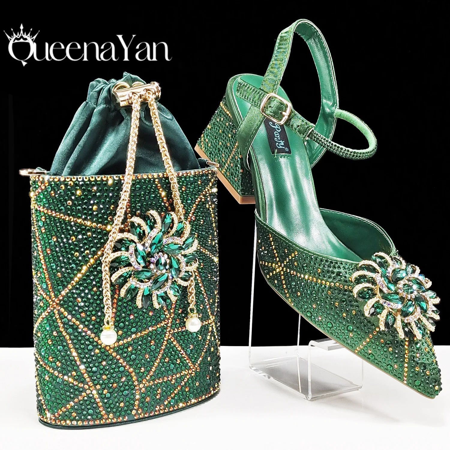 QueenaYan African Ladies Elegant Pointed Toe Shoes with shiny Metal Stand Bag Women Party Shoes or Commuting Shoes and Bag Set
