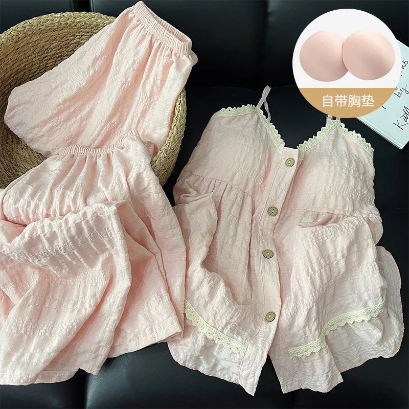 Women's Sleepwear Korean Version Floral Sleepwear Women's Summer Thin Design with Chest Cushion Cloud Cotton Suspender Pants
