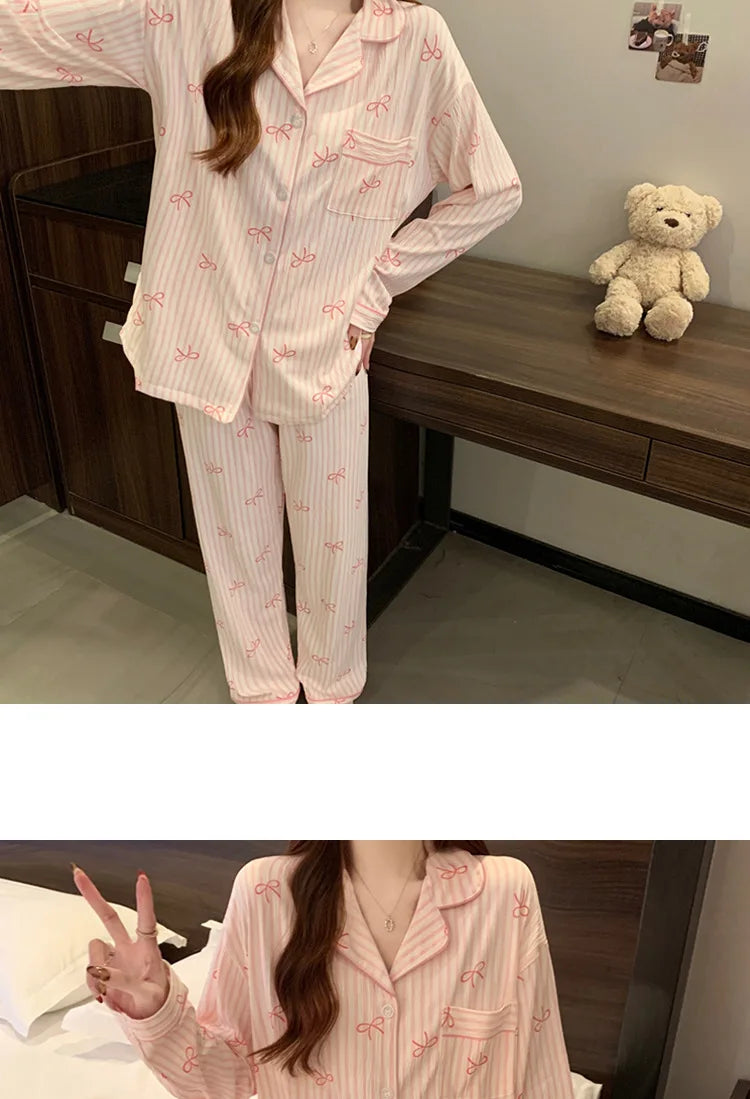 Printemps et automne nouveaux pyjamas pour femmes ensemble de vêtements de détente fille amour Cardigan pyjamas tissu froissé vê