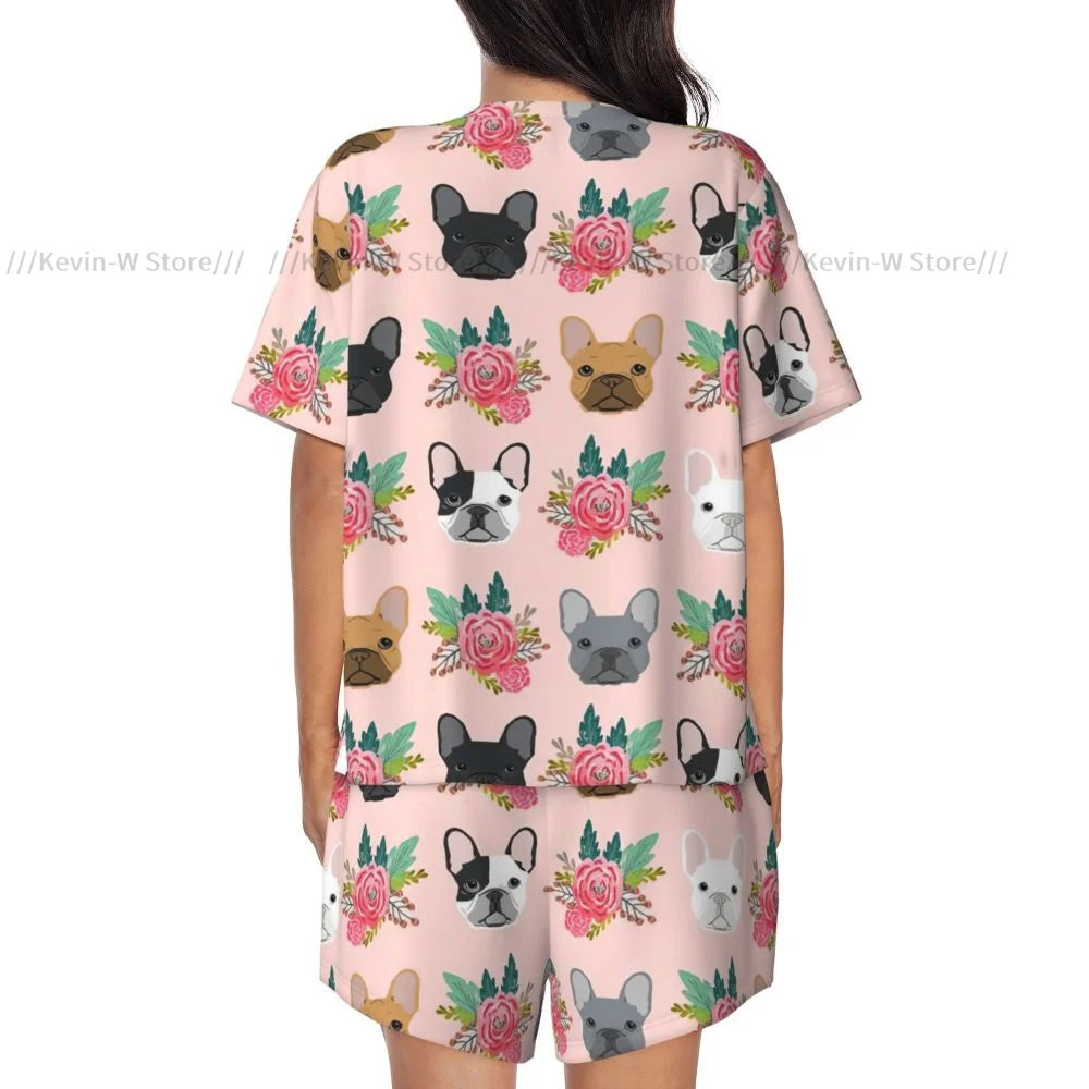 Women Pajamas Set Short Sleeve French Bulldog Flowers Florals Dog Sleepwear Loungewear for Summer Nightwear