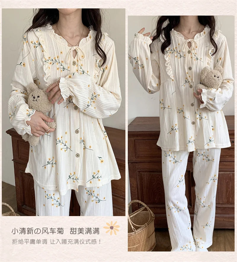 Cotton Women's Pajamas Set Floral Printed Long Sleeve Sleepwear Home Clothes Casual Ladies Nightwear Sleeping Pyjamas Suit