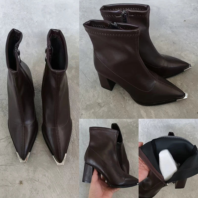 Brand Pu Black Ankle Boots 2025 Autumn French Retro Pointed Toe High Heel Chelsea Boots Metal Decoration Designer Short Booties