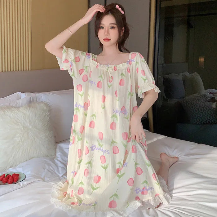 M-5XL Plus Size Sleep Dress for Women Korean Sweet Summer Sleepwear Students Cute Print Nightgown Pajama Sleepshirt Home Clothes