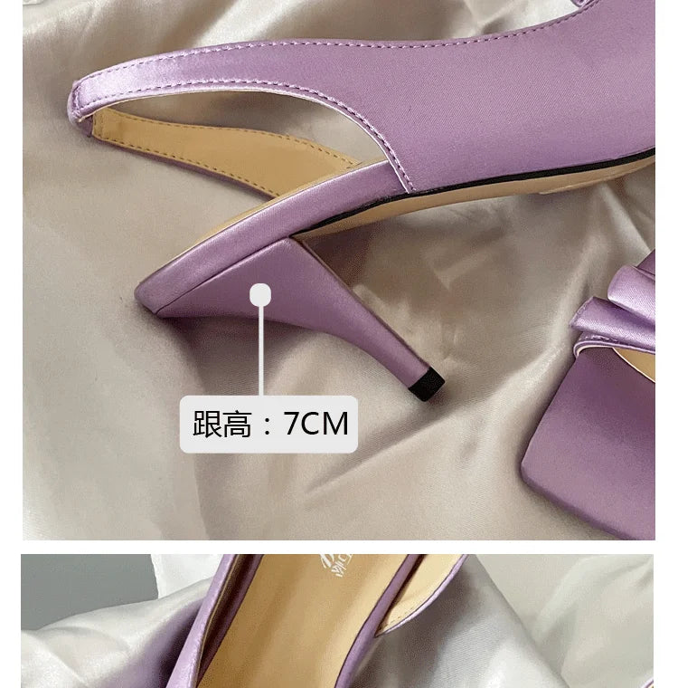 Lilac Purple Women's Fashion Sandals Backless Knot Toe Exposure Silk Satin High Heels Elegant Lady Style Shoes Increased Height