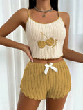 Womens Summer Brushed Pajama Set Cute Y2K Embroidered Cherry Ribbed Cami Top Ruffle Shorts Two Piece Loungewear Sleepwear