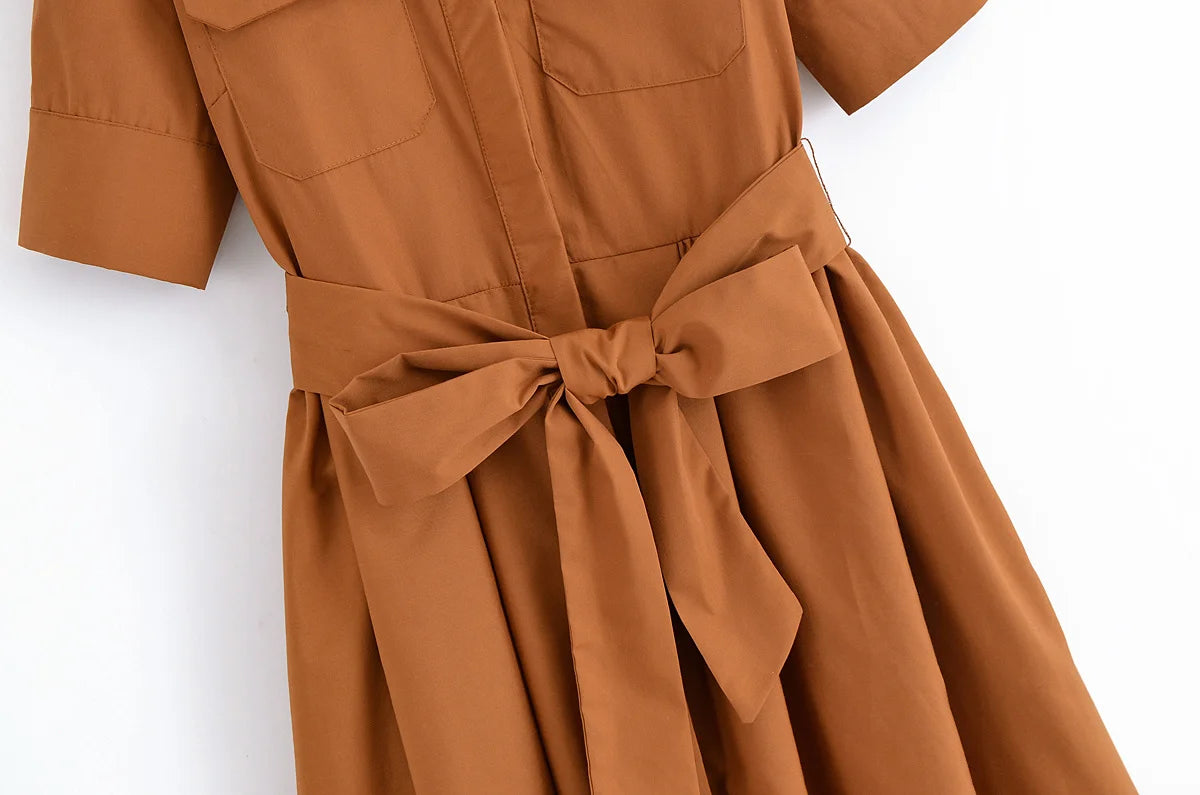 HH Women Summer Lapel Short Sleeve Pocket Single-Breasted Belt Decorate Midi Dress Female Fashion Shirt Style Pleated Dress