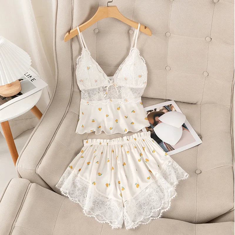 Sexy Suspender Pajamas Set Sleepwear Print Flower Lace Trim Sleepwear Intimate Lingerie Summer New Silk Satin Nightwear Homewear