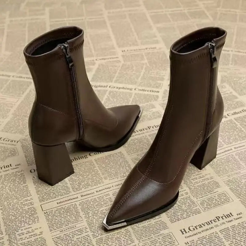 Brand Pu Black Ankle Boots 2025 Autumn French Retro Pointed Toe High Heel Chelsea Boots Metal Decoration Designer Short Booties
