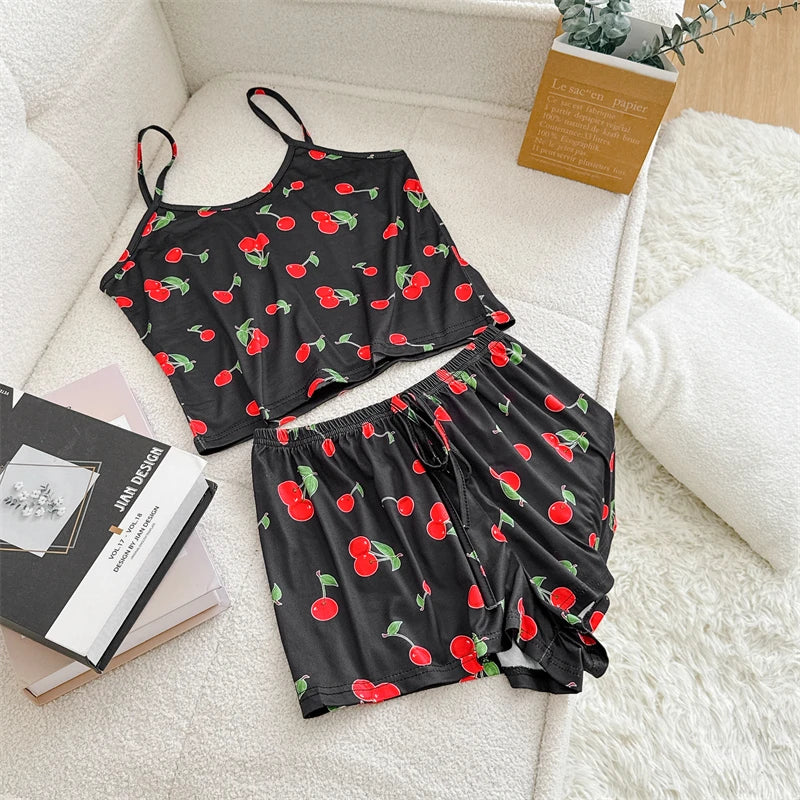 Summer Elegant Floral Print Sleepwear Women Sexy Ultra-Thin Vest and Shorts Comfortable Loungewear Breathable Nightwear HomeWear