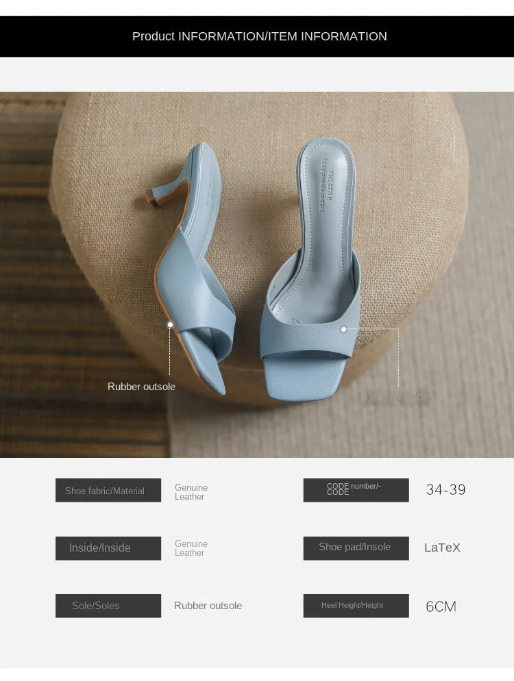 Genuine Leather French Slim Heel Slippers for Women's Summer New Fashionable Sandals Women Sweet Round Toe Slipper Ladies Shoes