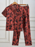 Women Satin Pajama Set Red Black Floral Print Short Sleeve Top & Long Pants Sleepwear Luxury Silk Like Nightwear Loungewear