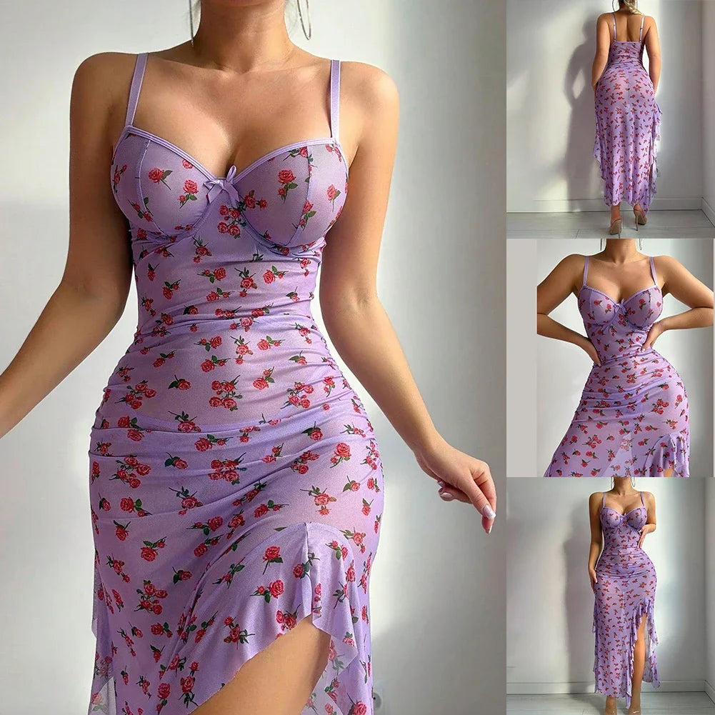 Slim Slit Sleepwear Butterfly Printed Dress Evening Relaxation Dress L M Casual Evening Dress Comfortable Sleepwear