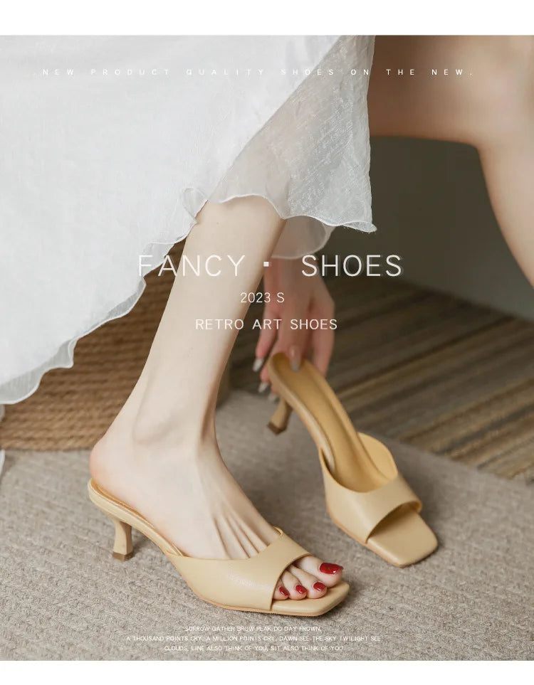 Genuine Leather French Slim Heel Slippers for Women's Summer New Fashionable Sandals Women Sweet Round Toe Slipper Ladies Shoes