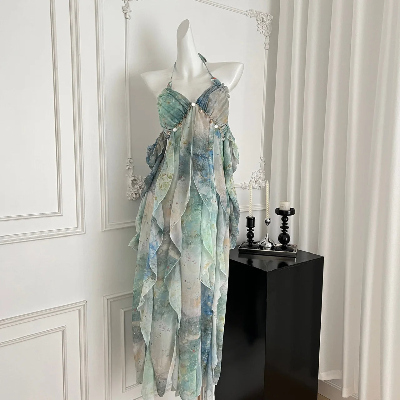 2025 Elegant Halter Neck Ruffled Maxi Dress Women Blue Green Floral Print Bohemian Design Beach Vacation Casual Party Dress New