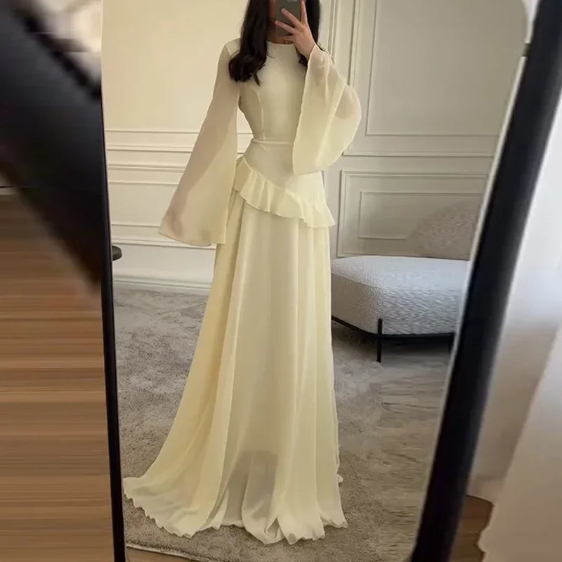 Robes for Woman Elegant O Neck Solid Ruffles Party Pleated Dress Spring Autumn Flare Sleeve Tie-up Slim Female Clothing Vestidos