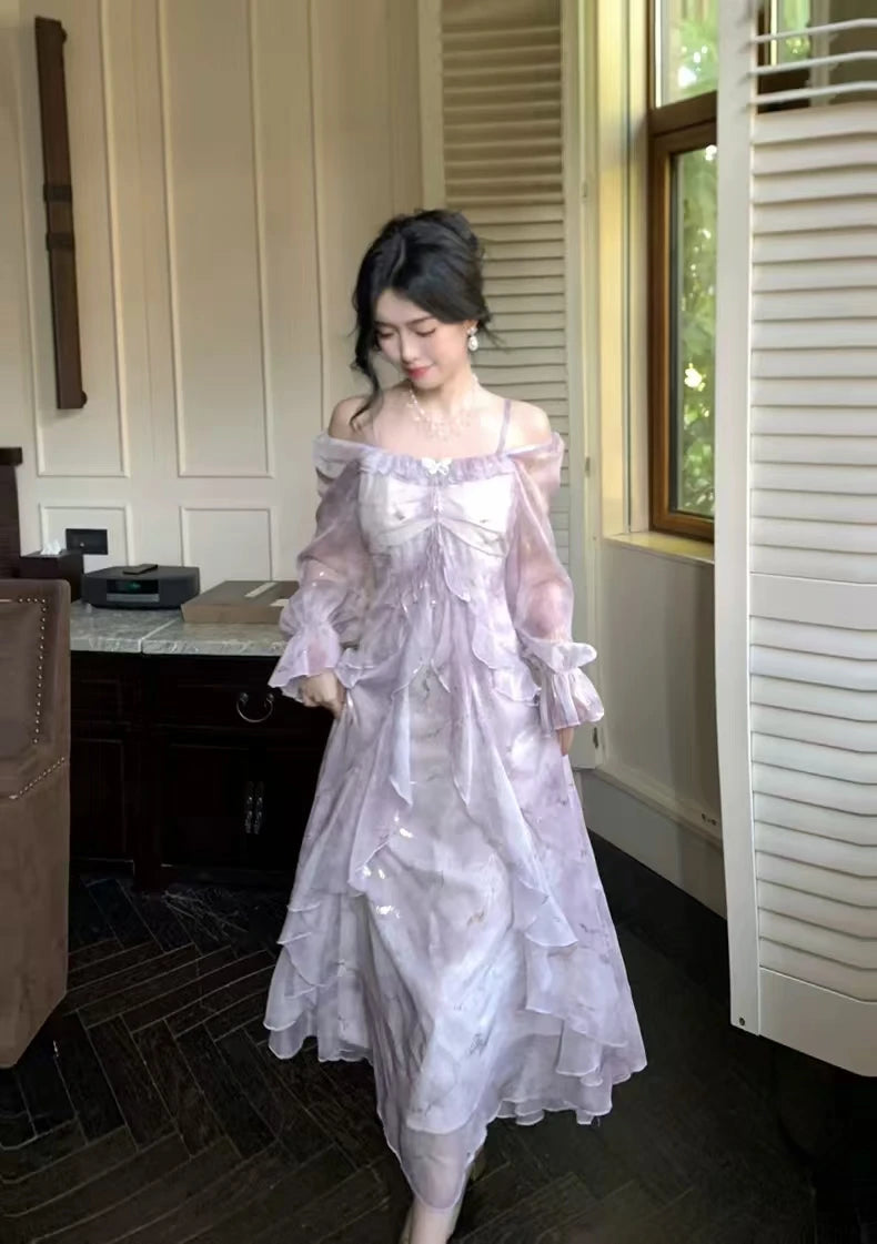 Summer Elegant Print Fairy Long Chiffon Dresses Women Off Shoulder Ruffles A-Line Birthday Party Dress One Piece Vestidos New
